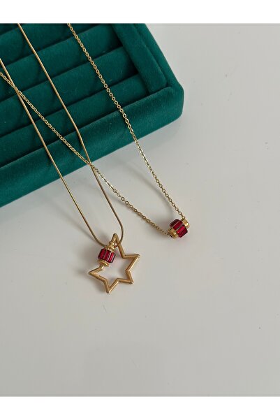 MİOSA Kırmızı Yıldız Charm İkili Çelik Kolye Seti