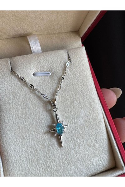 vogutima Women's Steel Necklace - North Star Design with Turquoise Zircon Sto...