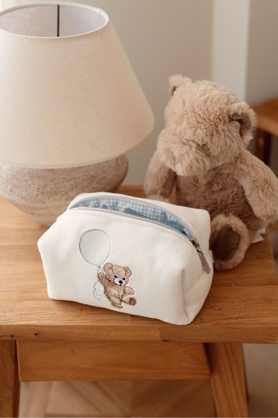 LYIA Teddy Bear Embroidered Makeup Bag/Baby Care Bag 100% Cotton - 1 Medium Size