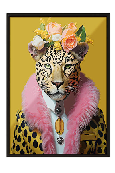 Zestia Картина с черна рамка, портрет на леопард с цветя, постер за декорация...