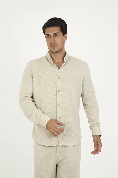 IVORA WEAR    Buttoned Full Fit Long Sleeve Jacquard Shirt - Gray