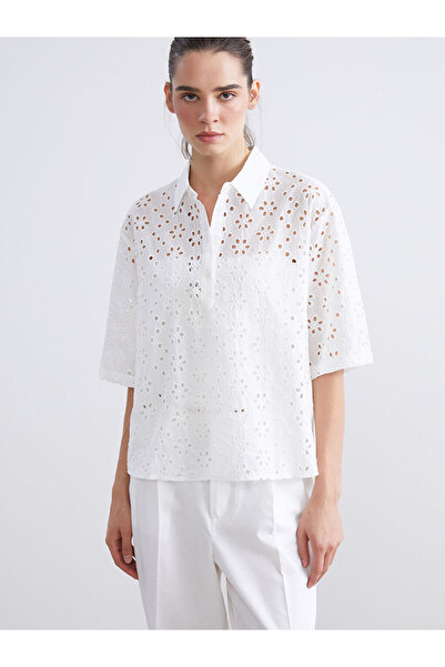 LC Waikiki Cămașă pentru femei Ecru tricotaj cu aspect dantelat Brode