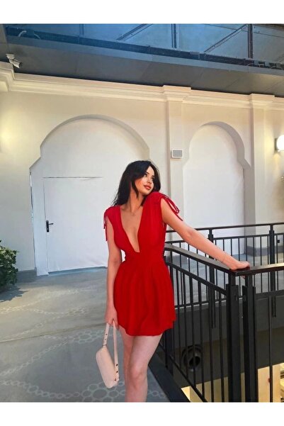 IVORA WEAR Kadın Omuzu ip Askılı Şortlu Elbise - Kırmızı