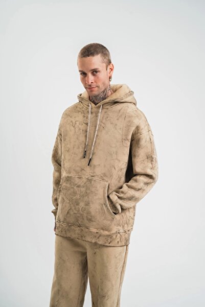 Denzy    Unisex Double Oversize Hooded Washable Sweatshirt - Beige