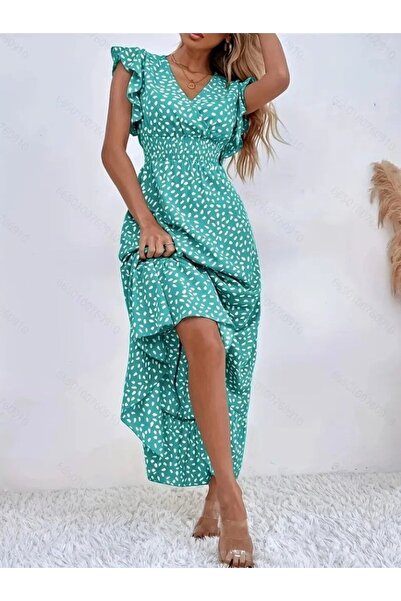 trovexa Women Short Sleeve Double Breasted Lapel Elastic Waist Floral Print Dress