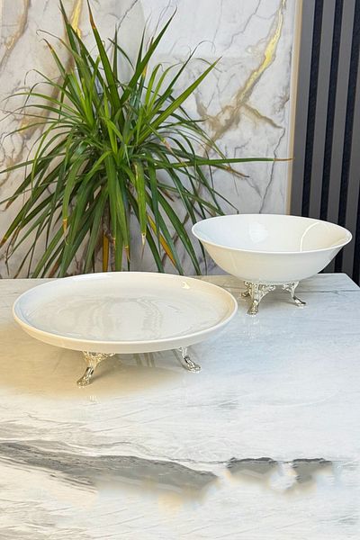 MAY HOME Set of 2 Porcelain Metal Leg Presentation Set & Appetizer Salad Cake Cake Cookie Serving