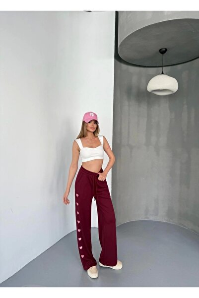 GökTR Osy modal soft textured fabric embroidered comfortable wide leg sweatpants - burgundy