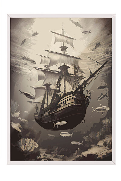 Zestia Tablou înrămat alb, Navă cu pânze în sepia, Poster decorativ pentru su...