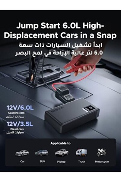 Ugreen 1000A Power Bank Jump Starter, 12000mAh Portable Battery Booster with Smart Jump Cables, LED