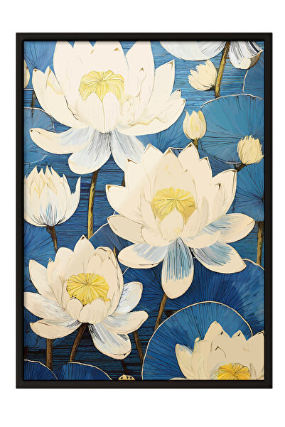 Zestia Tablou înrămat negru, ilustrație cu flori de lotus, poster decorativ p...