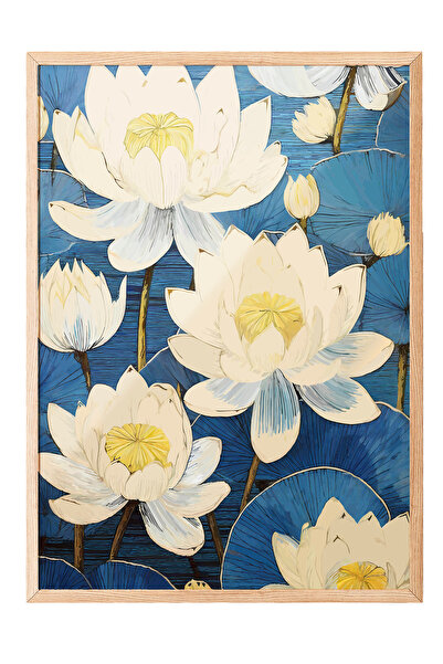 Zestia Tablou înrămat în lemn, ilustrație cu flori de lotus, poster decorativ...