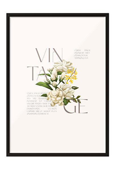 Zestia Tablou cu ramă neagră, minimalist cu flori albe, poster decorativ pent...