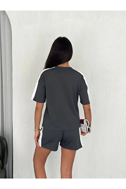 BBbutik Osy Modal Soft Textured Fabric Women's Piece Crew Neck T-Shirt Short Shorts Two Piece Set - Anthracite