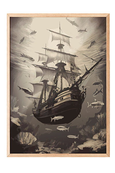 Zestia Tablou cu ramă din lemn, Navă cu pânze în sepia, Poster decorativ pent...
