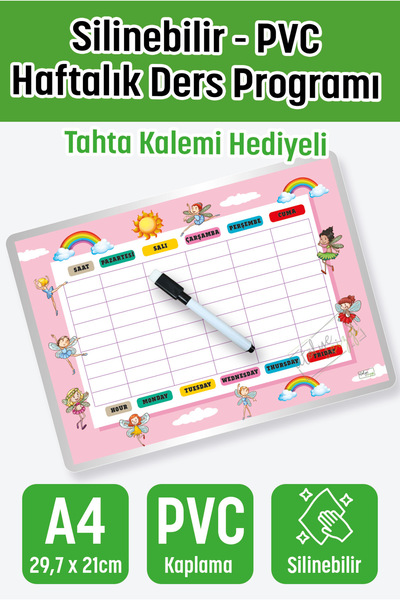 Atölye Çizgi Weekly Summer Sil Lesson Schedule Pvc Coated Erasable Fairy - A4- 29,7X21 cm Turkish / English