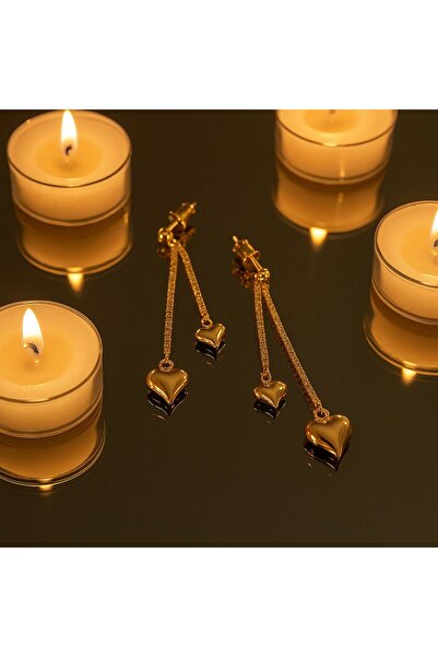 VATESTUGE Gold Color Heart Detailed Dangle Steel Earrings – Elegant and Styli...