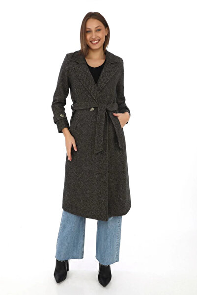 MODA Women's Herringbone Cashmere Coat – Long Length Double-Breasted Collar B...