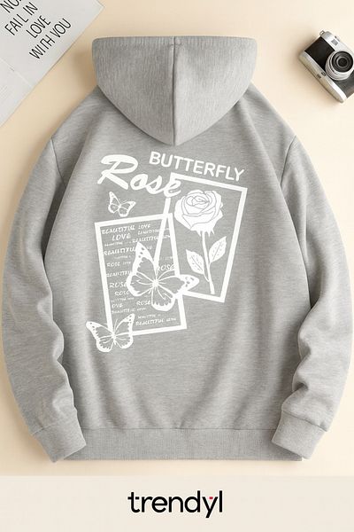 CLASSY.MODA Hooded Oversize 3 Thread Butterfly and Rose Printed Sweatshirt