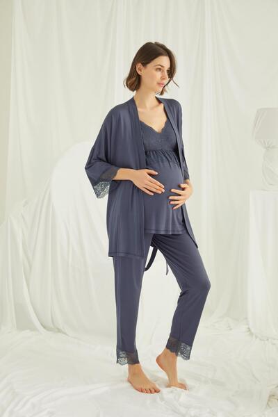 MONAMİSE Women'S, Navy Blue, 94% Viscose 6% Elastane, Lace Maternity / Maternity 3-Piece Pajamas Tk.