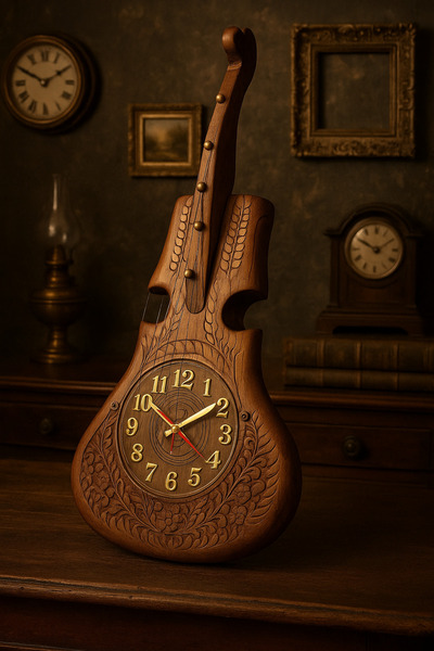 Yellowtech El İşçiliği Ahşap Keman Duvar Saati – 55 cm, Antika Dekoratif Tasa...