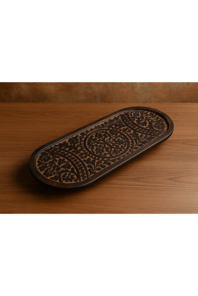 Yellowtech El İşçiliği Kayık Ahşap Dekoratif Tepsi – 60 cm, Oymalı, Vintage T...