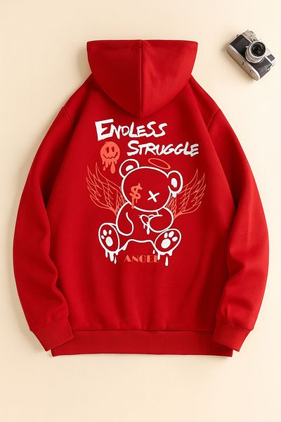 CLASSY.MODA Hooded Oversize 3 Thread Bear Printed Sweatshirt