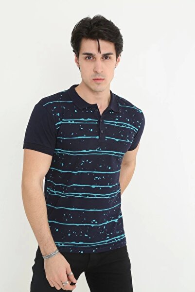 BALCI Men's Slim Fit Pique Striped T-Shirt with Collar - Navy Blue