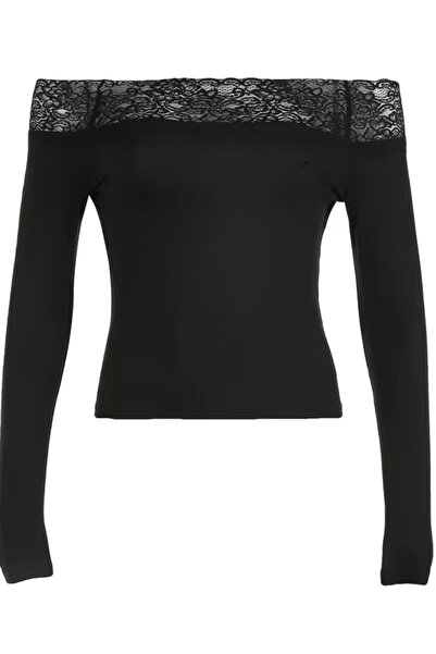 Touz Streetwear Printed Lace Black Long Sleeve Blouse
