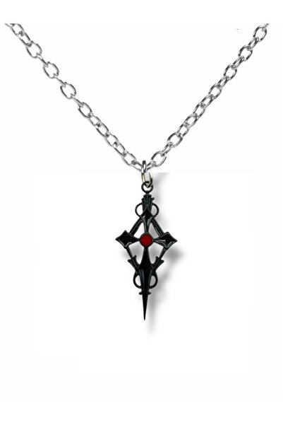Herşey Nota Siyah Renk Kırmızı Mineli Haç Kolye – Unisex Metal Takı, 60 cm Zi...