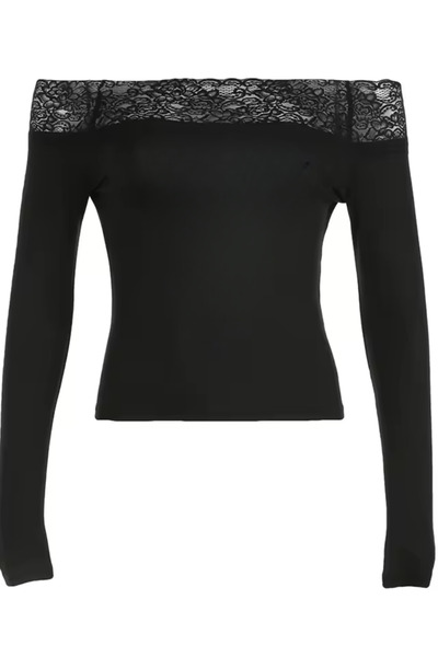 Touz Streetwear Printed Lace Black Long Sleeve Blouse