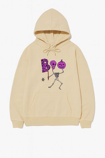 CLASSY.MODA Hooded Oversize 3 Thread Skeleton and Pumpkin Printed Sweatshirt