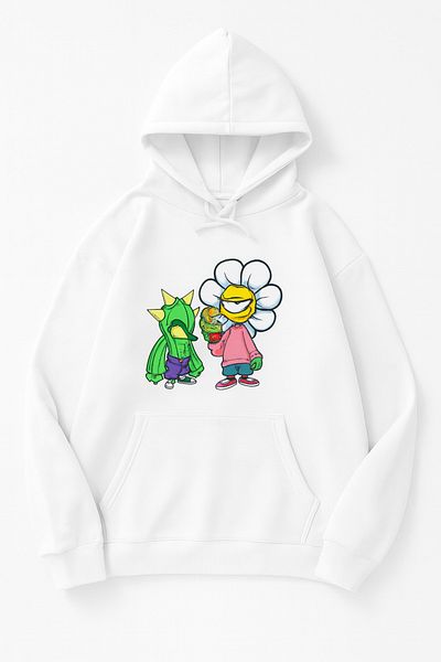 CLASSY.MODA Hooded Oversize 3 Thread Cactus and Flower Printed Sweatshirt