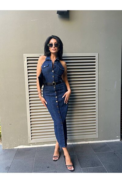 NEW STATION New Statıon sırt dekolte yakalı kot elbise