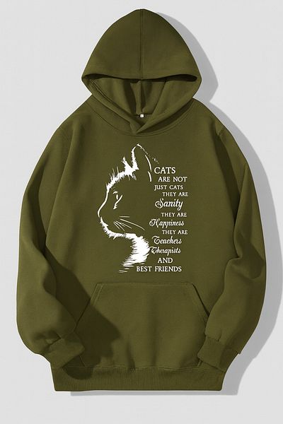 CLASSY.MODA Hooded Oversize 3 Thread Cat Printed Sweatshirt