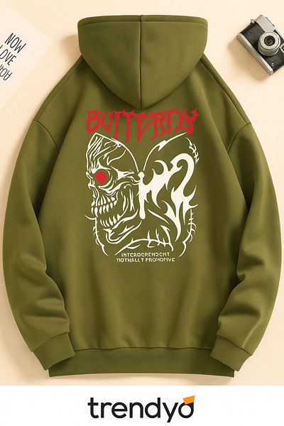 CLASSY.MODA Oversize 3 Thread Hooded Butterfly Patterned Unisex Sweatshirt