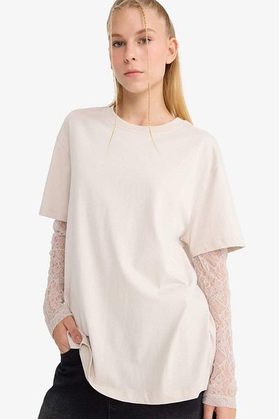 DeFacto Coool Oversize Wide Fit Crew Neck Lace Detail Long Sleeve T-Shirt E7605Ax25Au