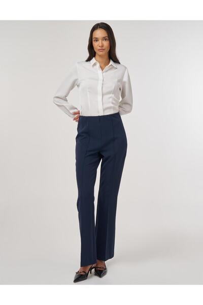 Kayra Flare Fit Grassed Trousers Dark Navy Blue
