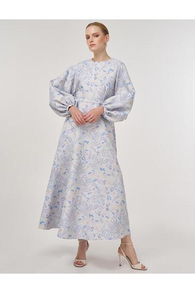 Kayra Balloon Sleeve Jacquard Dress Aviator Blue