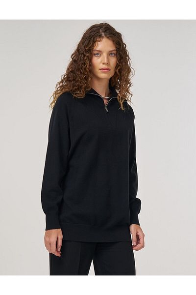 Kayra Zipper Closure Knitwear Tunic Black
