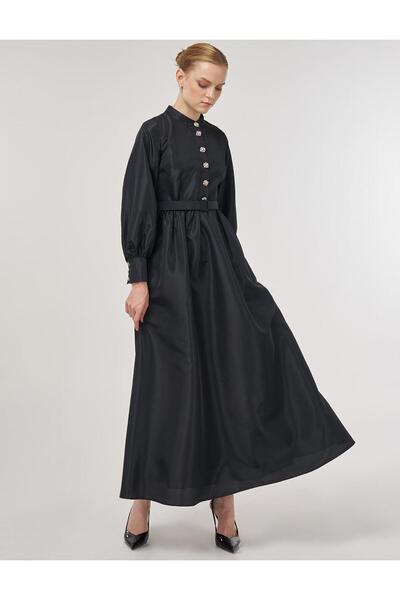 Kayra Belt Detailed Taffeta Dress Black