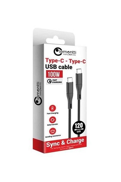 lemontti 100W SuperFast phone cable, USB Type-C to USB Type-C, black, 1.2m, textile braid