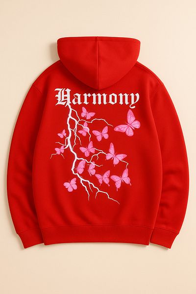 CLASSY.MODA Oversize 3 Thread Hooded Harmony Butterfly Printed Unisex Sweatshirt
