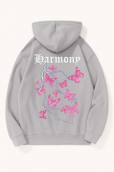 CLASSY.MODA Oversize 3 Thread Hooded Harmony Butterfly Printed Unisex Sweatshirt