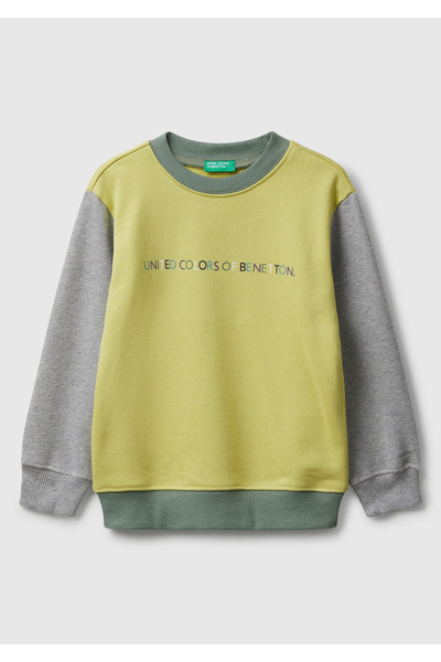 United Colors of Benetton Boy's Yellow-Grey Crew Neck Sweatshirt with Logo Printed on the Front