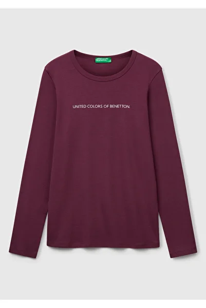 United Colors of Benetton Women's Plum 100% Koton Crew Neck Benetton Written Long Sleeve T-Shirt
