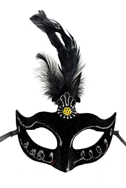 Skygo Black Color Feathered Black Suede Covered Party Prom Mask 20X16 cm