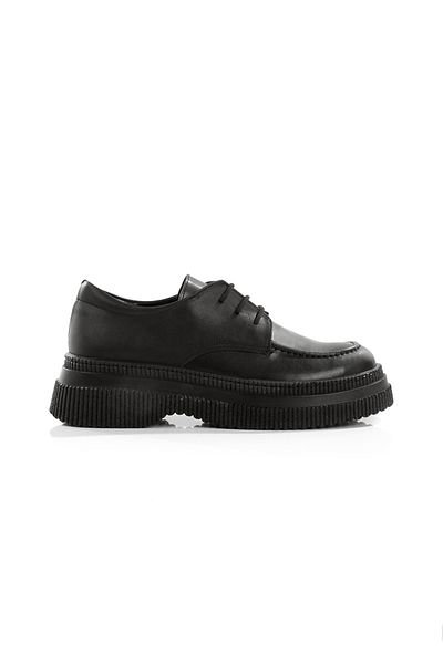 Hanımsoller Korean Women's Short Heeled Lace-Up Black Skin Vintage Loafer Shoes