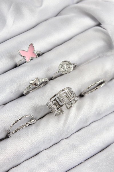 callerrons accessories مجموعة خواتم نسائية من النحاس على شكل فراشة وقلب باللون الفضي - EBJ250816W37413