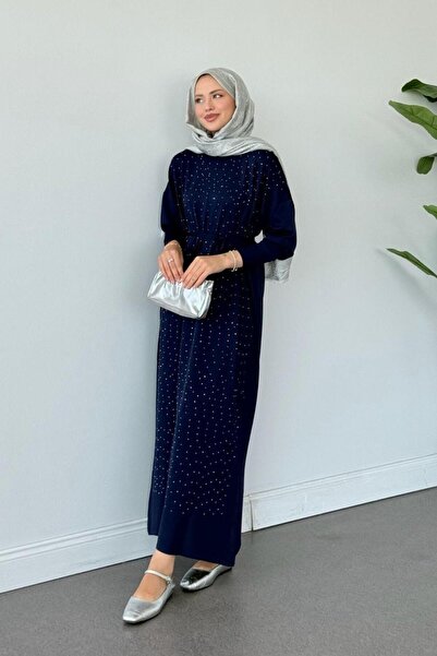 Şulemoda Giyim Merserize Taşlı Elbise Lacivert