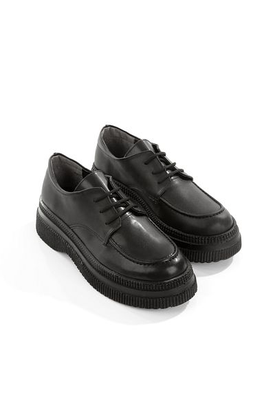 Hanımsoller Korean Women's Short Heeled Lace-Up Black Skin Vintage Loafer Shoes
